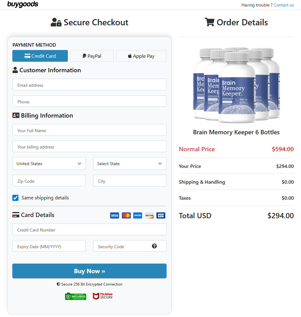 Brain Memory Keeper secure order page